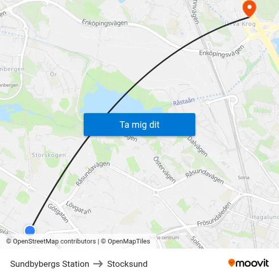 Sundbybergs Station to Stocksund map