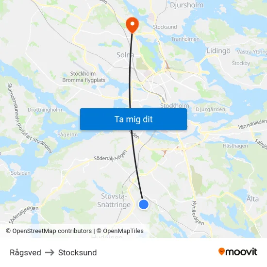Rågsved to Stocksund map
