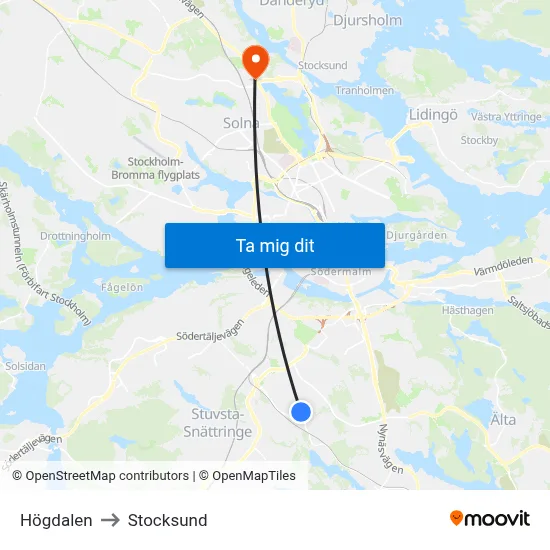 Högdalen to Stocksund map