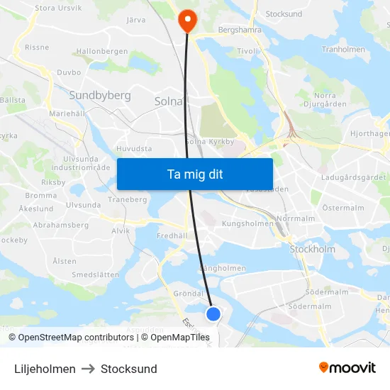 Liljeholmen to Stocksund map