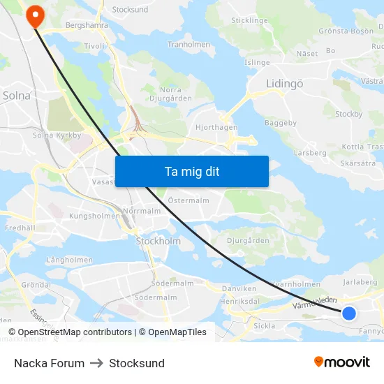 Nacka Forum to Stocksund map