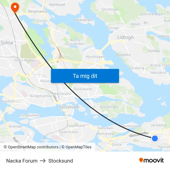Nacka Forum to Stocksund map