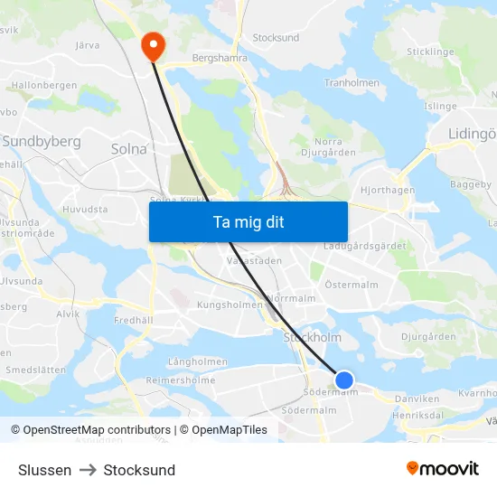Slussen to Stocksund map