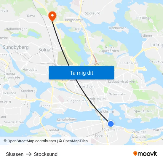 Slussen to Stocksund map