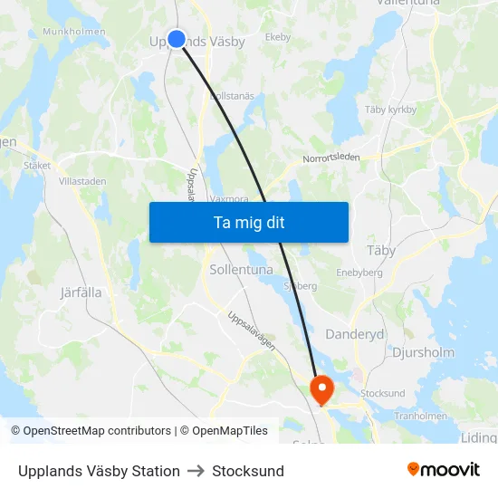 Upplands Väsby Station to Stocksund map