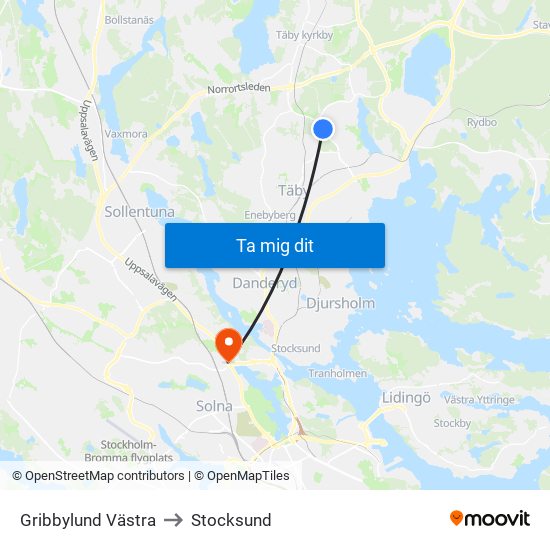 Gribbylund Västra to Stocksund map