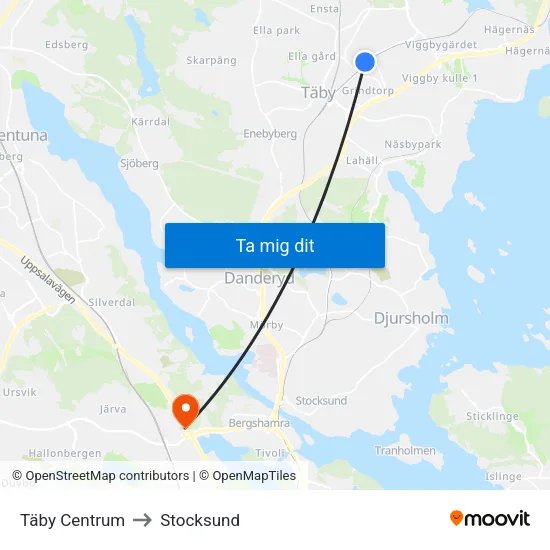 Täby Centrum to Stocksund map