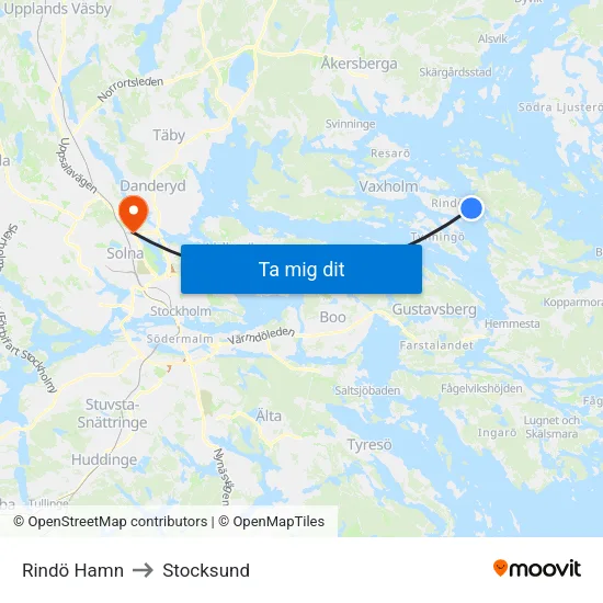 Rindö Hamn to Stocksund map