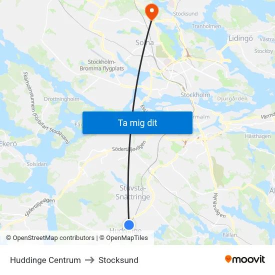Huddinge Centrum to Stocksund map