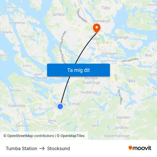 Tumba Station to Stocksund map