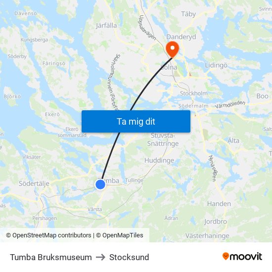 Tumba Bruksmuseum to Stocksund map