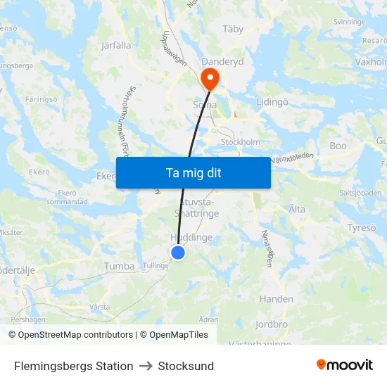 Flemingsbergs Station to Stocksund map