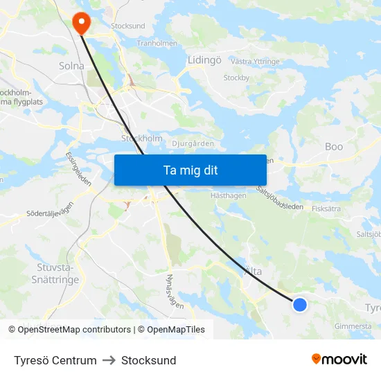 Tyresö Centrum to Stocksund map