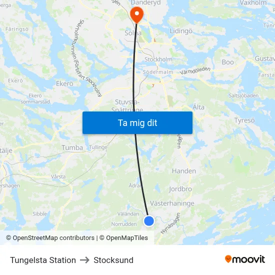 Tungelsta Station to Stocksund map