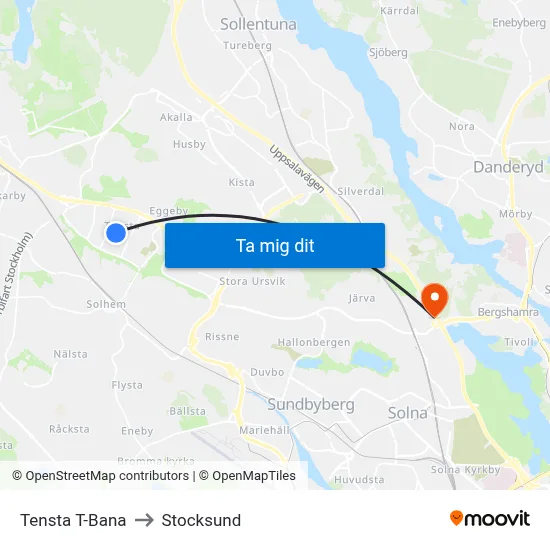 Tensta T-Bana to Stocksund map