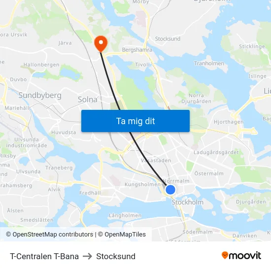 T-Centralen T-Bana to Stocksund map