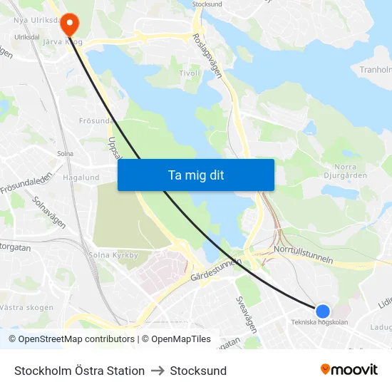 Stockholm Östra Station to Stocksund map