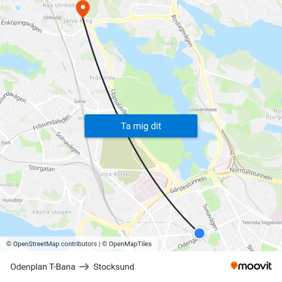 Odenplan T-Bana to Stocksund map