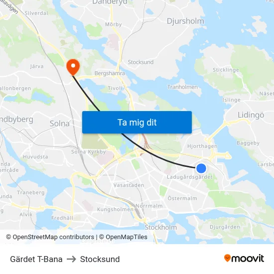 Gärdet T-Bana to Stocksund map