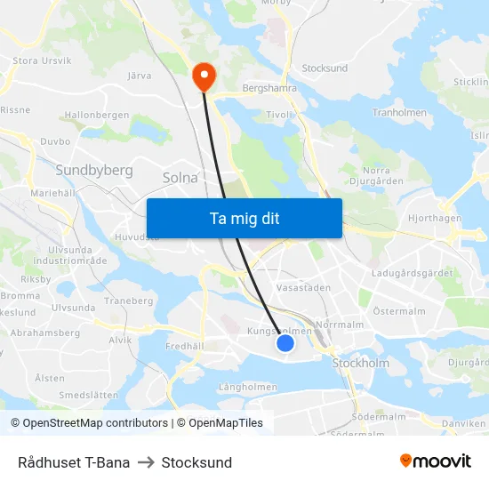 Rådhuset T-Bana to Stocksund map