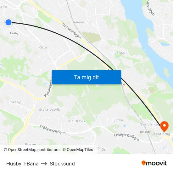 Husby T-Bana to Stocksund map