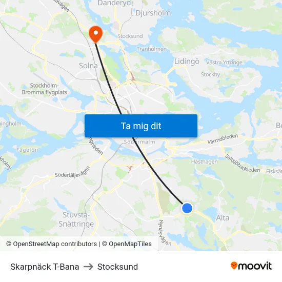 Skarpnäck T-Bana to Stocksund map