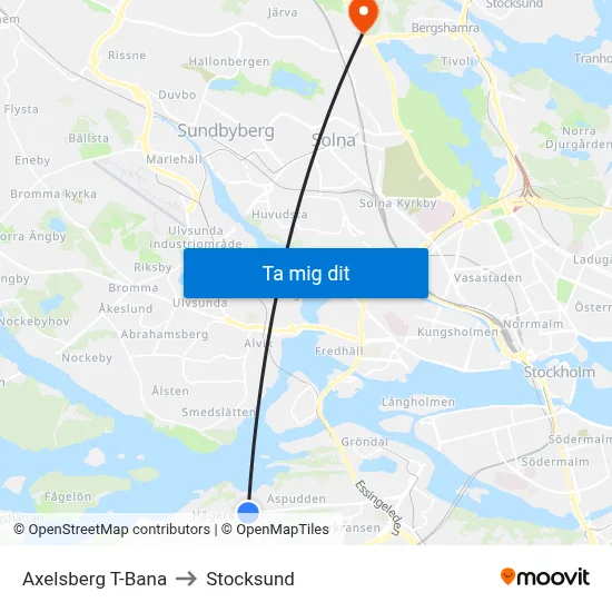 Axelsberg T-Bana to Stocksund map
