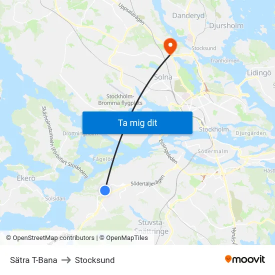 Sätra T-Bana to Stocksund map