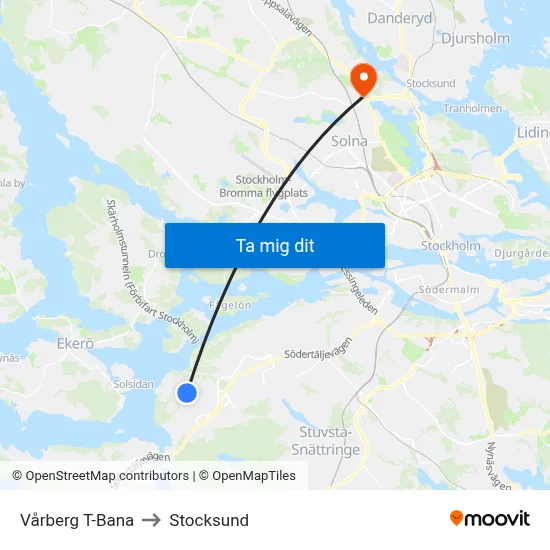 Vårberg T-Bana to Stocksund map