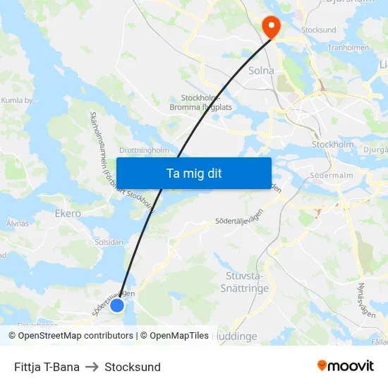Fittja T-Bana to Stocksund map