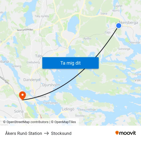 Åkers Runö Station to Stocksund map