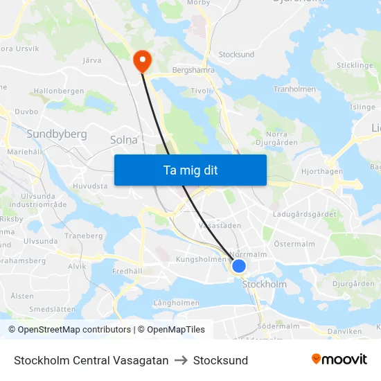 Stockholm Central Vasagatan to Stocksund map