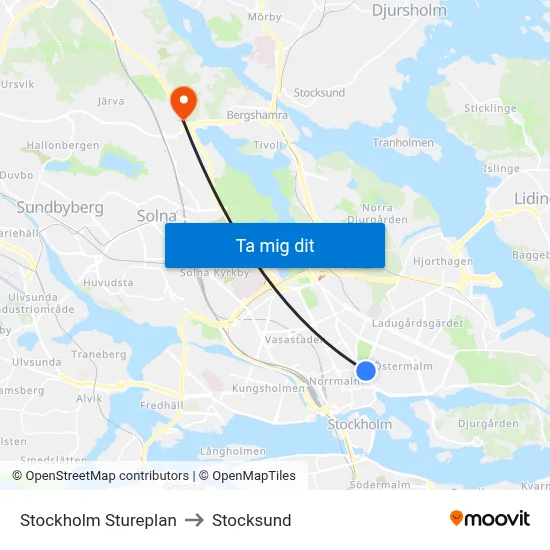 Stockholm Stureplan to Stocksund map