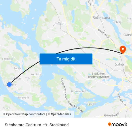 Stenhamra Centrum to Stocksund map