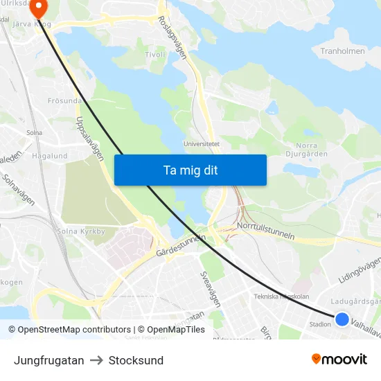 Jungfrugatan to Stocksund map