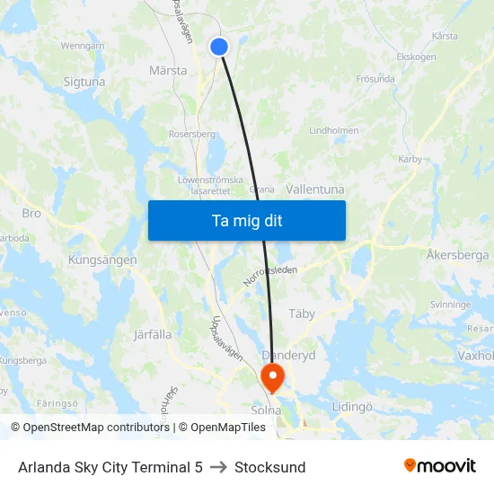 Arlanda Sky City Terminal 5 to Stocksund map