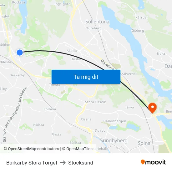 Barkarby Stora Torget to Stocksund map