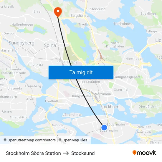 Stockholm Södra Station to Stocksund map