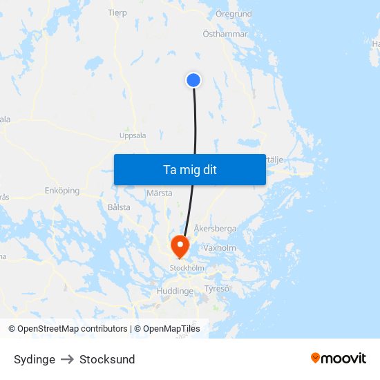 Sydinge to Stocksund map