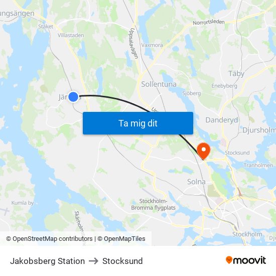 Jakobsberg Station to Stocksund map