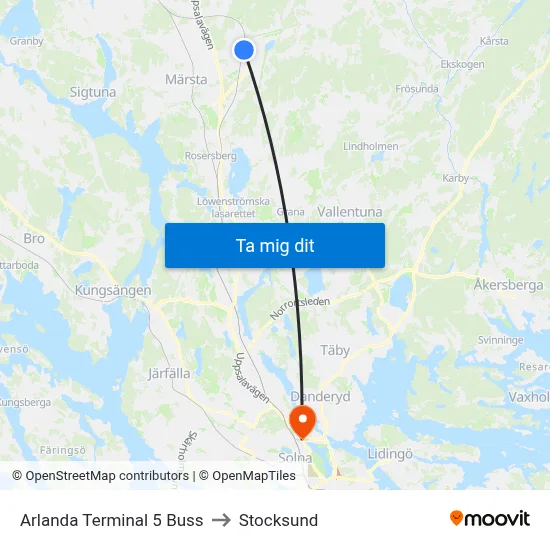 Arlanda Terminal 5 Buss to Stocksund map