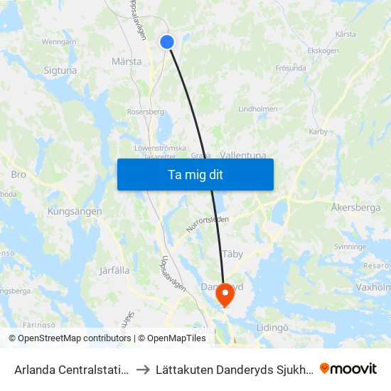 Arlanda Centralstation to Lättakuten Danderyds Sjukhus map