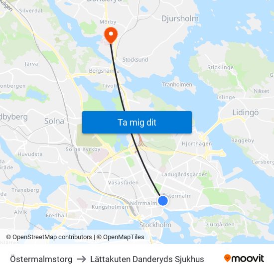 Östermalmstorg to Lättakuten Danderyds Sjukhus map