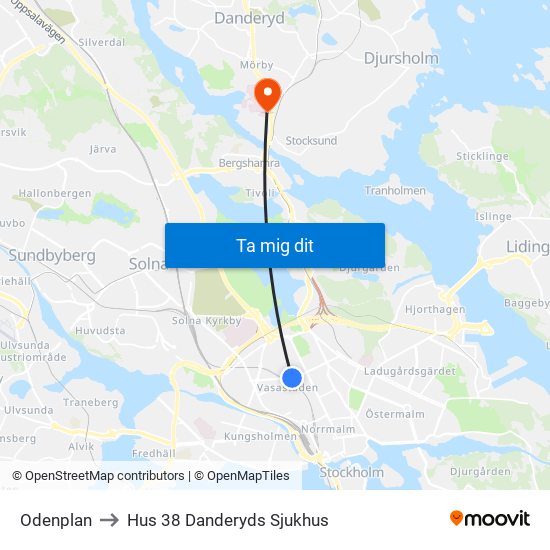 Odenplan to Hus 38 Danderyds Sjukhus map