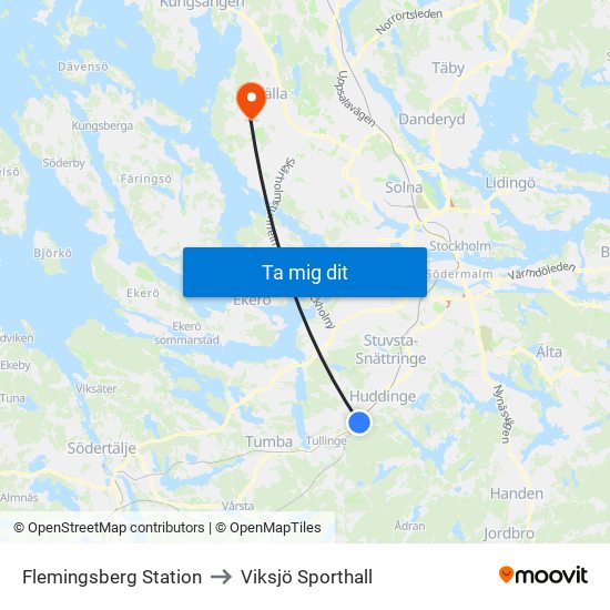 Flemingsberg Station to Viksjö Sporthall map