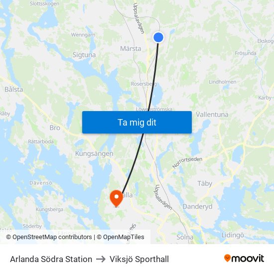 Arlanda Södra Station to Viksjö Sporthall map
