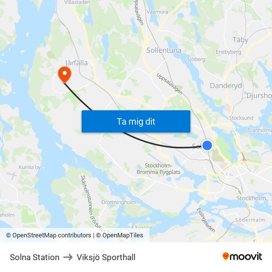 Solna Station to Viksjö Sporthall map