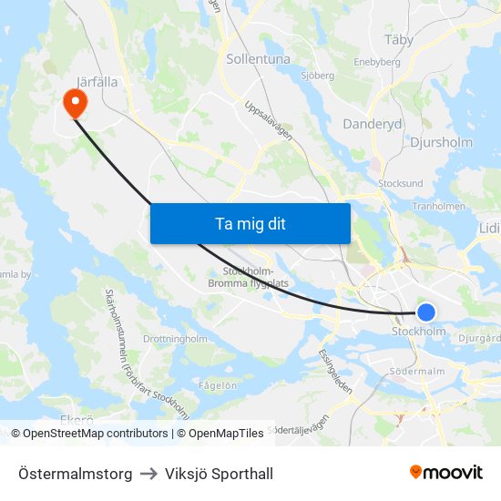 Östermalmstorg to Viksjö Sporthall map
