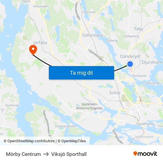 Mörby Centrum to Viksjö Sporthall map