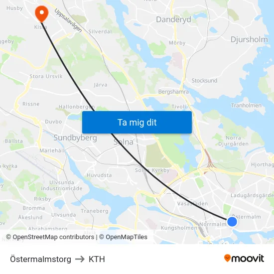 Östermalmstorg to KTH map